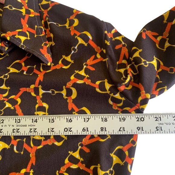 Vintage 70's Dark Brown, Yellow and Orange Equestrian Print Collared Button Up - Picture 5 of 12